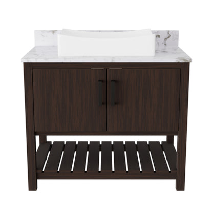 Novatto 36-inch bath vanity with cafe mocha quartz counter and sink, featuring modern accessory design and stylish finish.