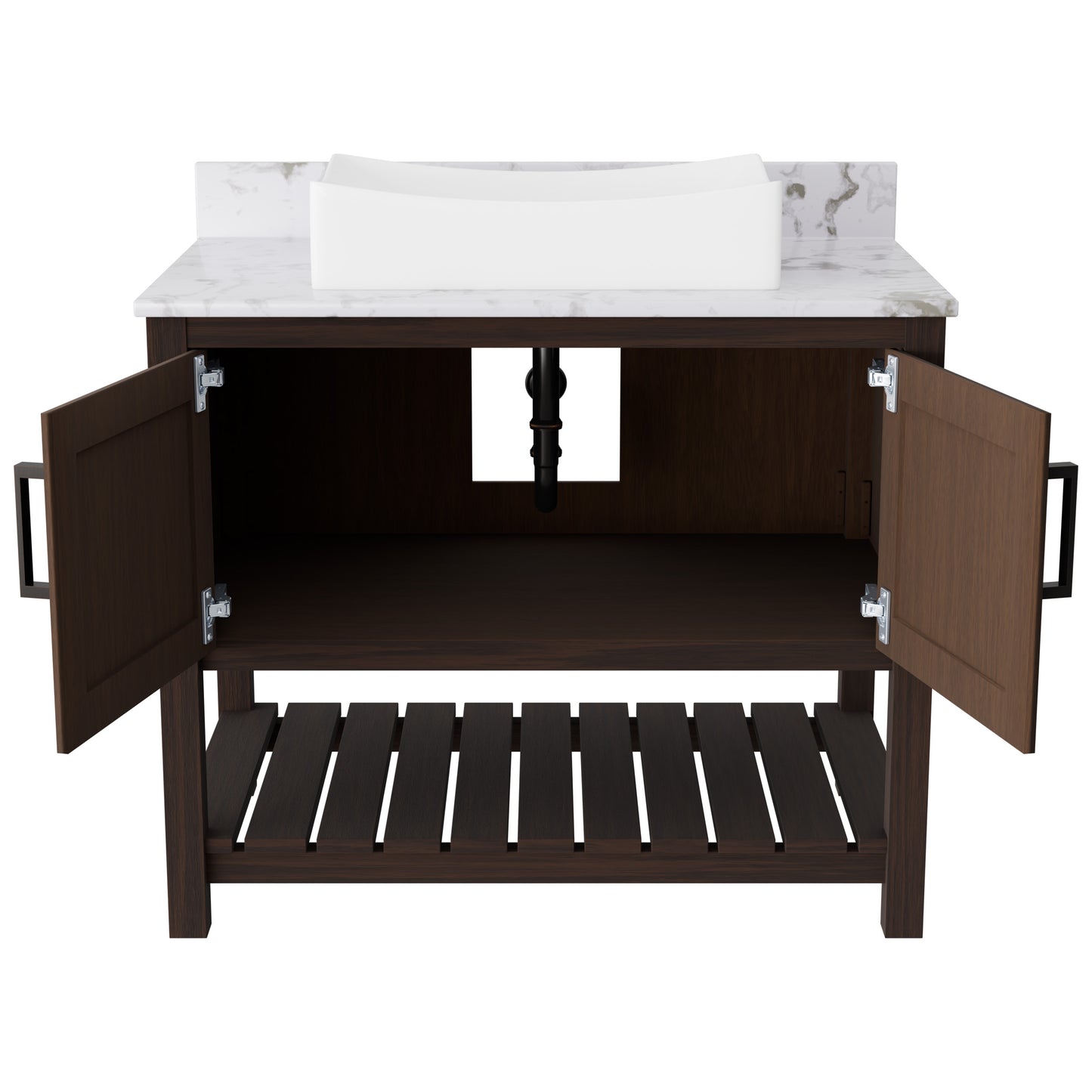 Novatto 36-inch bath vanity with cafe mocha quartz countertop and sink, featuring modern bathroom accessory design.
