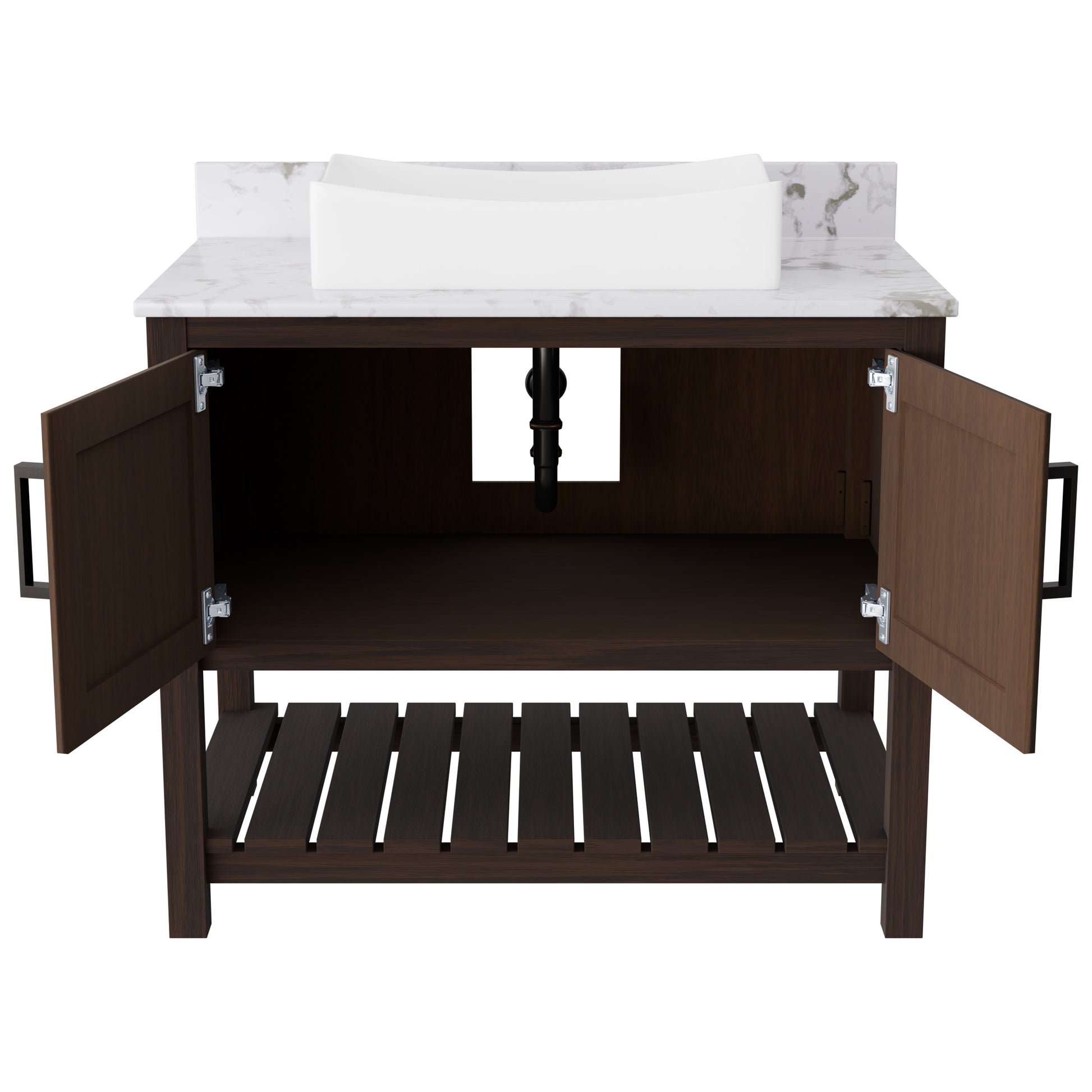 Novatto 36-inch bath vanity with cafe mocha quartz countertop and sink, featuring modern bathroom accessory design.