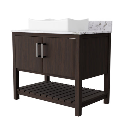 Novatto 36-inch bath vanity with Cafe Mocha quartz countertop and sink, featuring elegant wood finish and modern bathroom style.