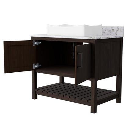 36-inch Novatto bath vanity with cafe mocha quartz countertop and integrated sink, shown in a natural finish.