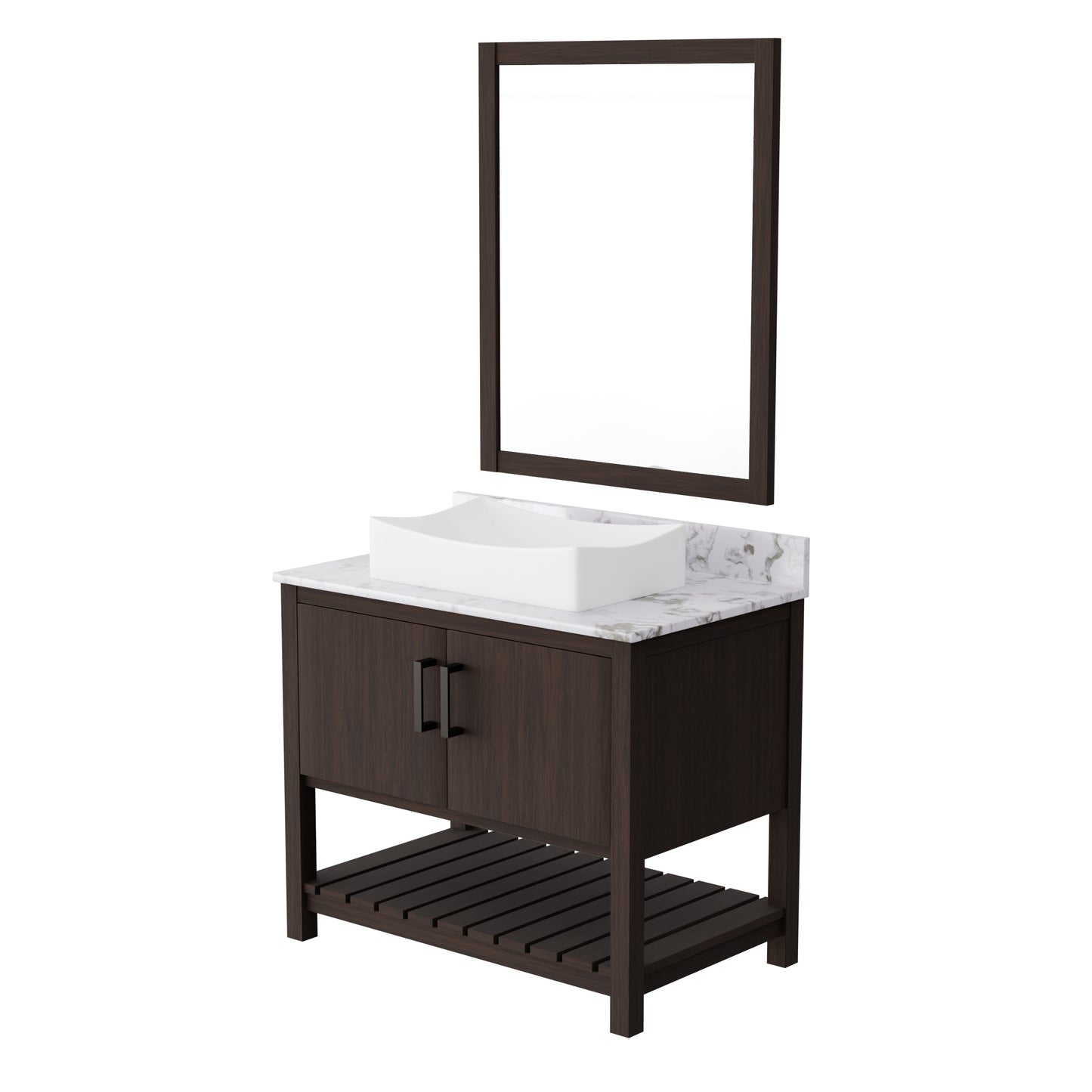 36-inch Novatto bath vanity with cafe mocha quartz countertop and sink, showcasing elegant bathroom accessory design.