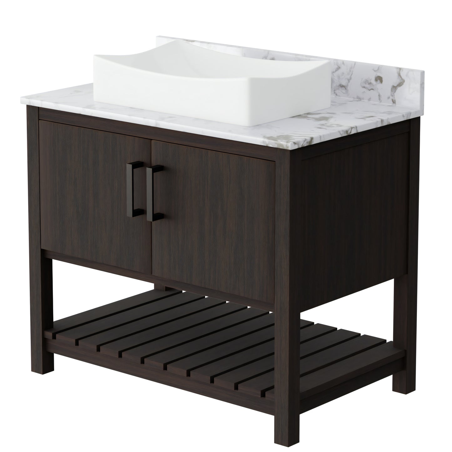 36-inch Novatto bath vanity with cafe mocha quartz countertop and sink, showcasing its sleek design and modern fixtures.