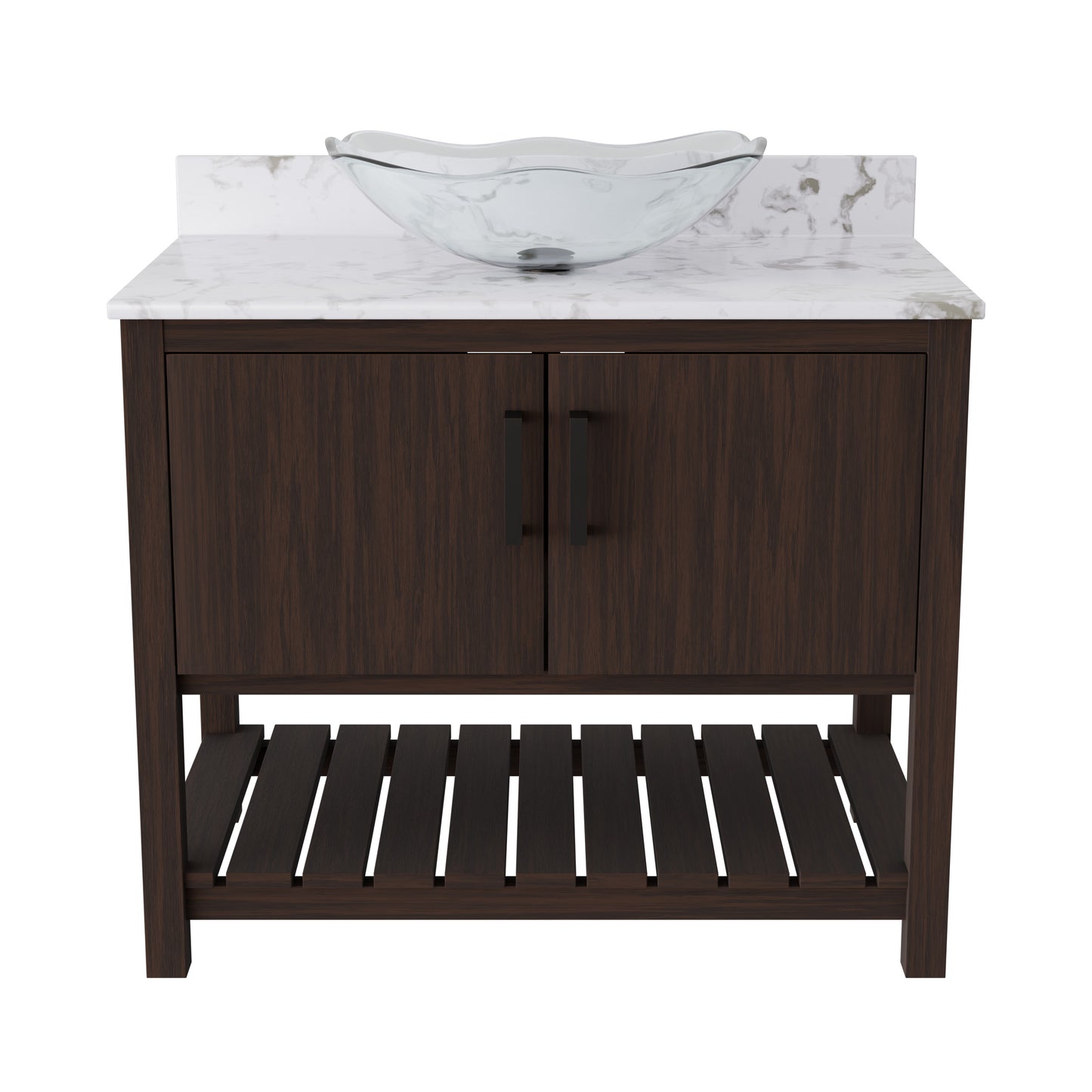36-inch Novatto bath vanity with cafe mocha quartz countertop and integrated sink, showcasing elegant bathroom accessory design