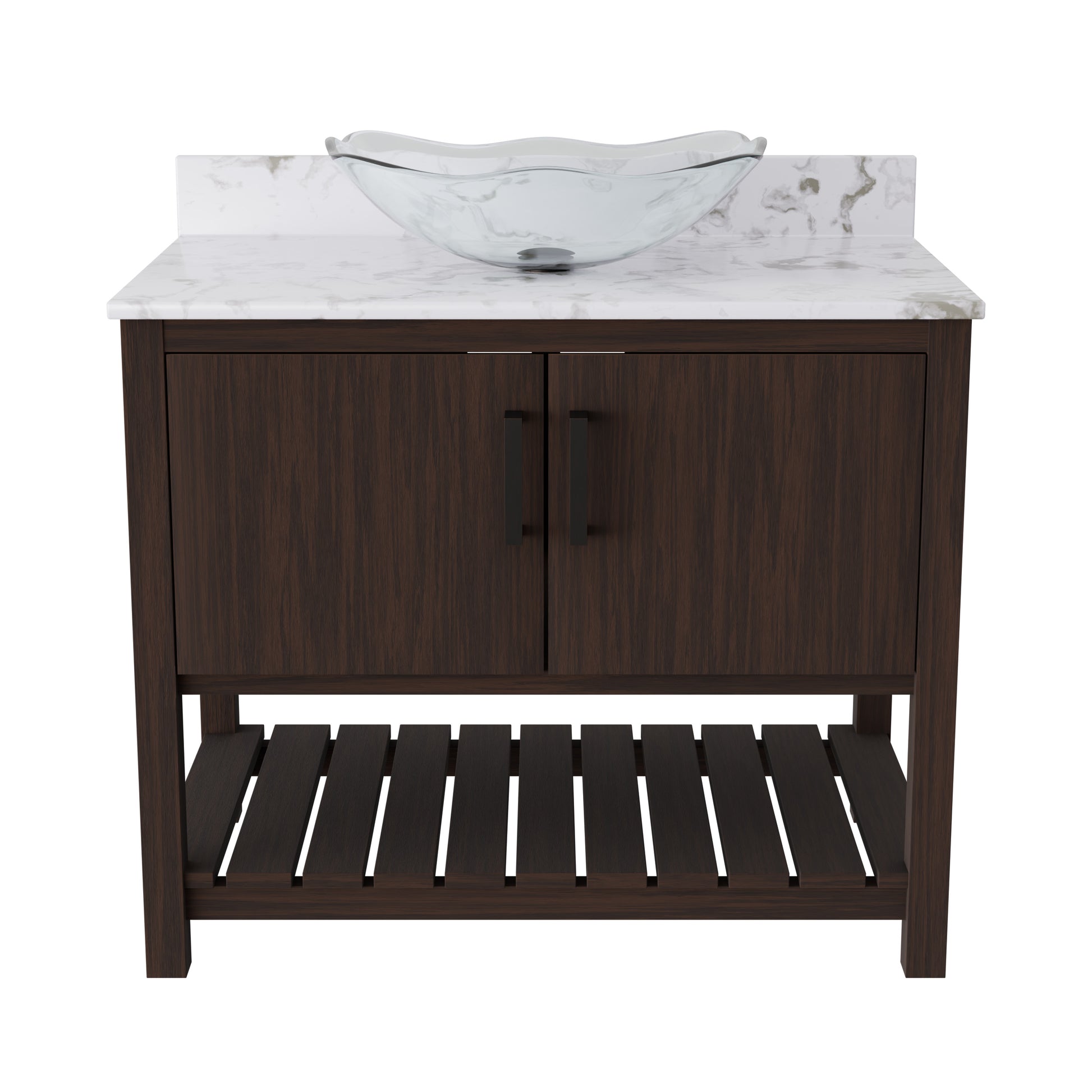 36-inch Novatto bath vanity with cafe mocha quartz countertop and integrated sink, showcasing elegant bathroom accessory design