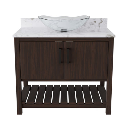 36-inch Novatto bath vanity with cafe mocha quartz countertop and integrated sink, showcasing elegant bathroom accessory design