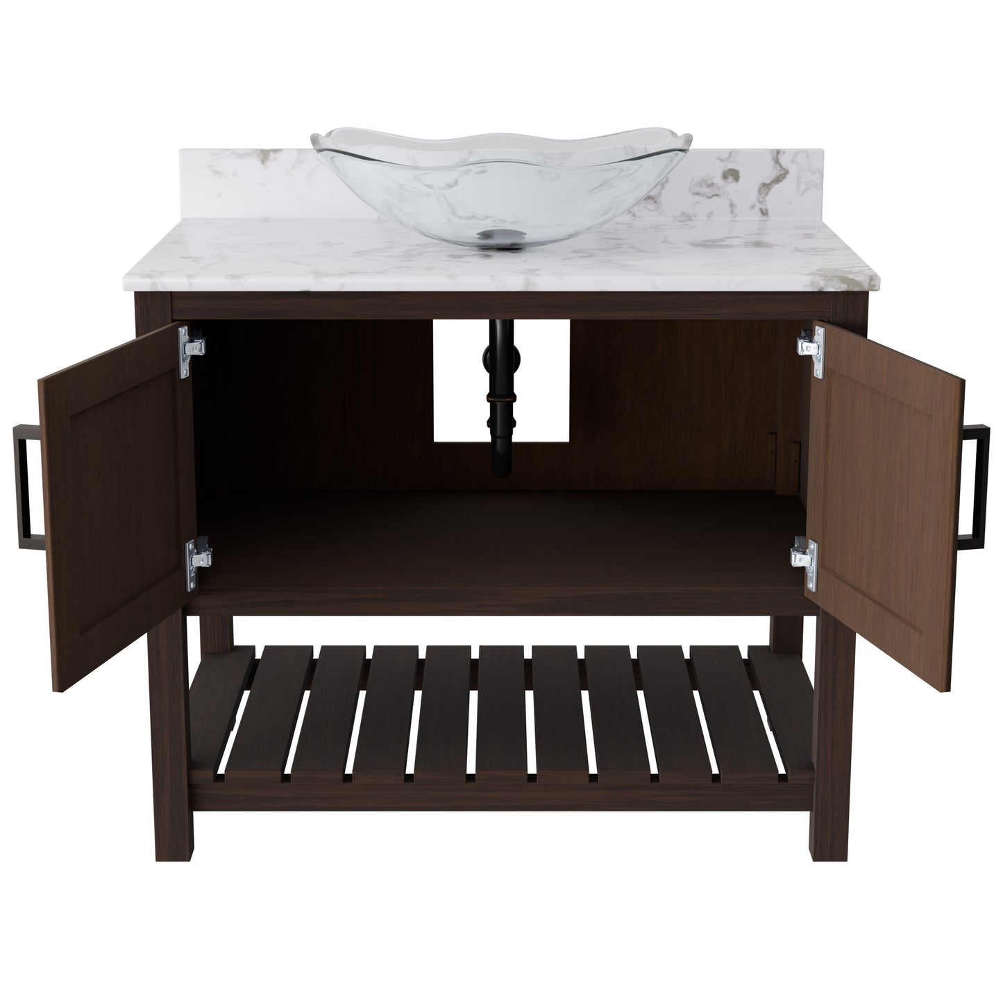 Novatto 36-inch bath vanity with cafe mocha quartz countertop and sink, featuring a sleek, modern bathroom accessory design.