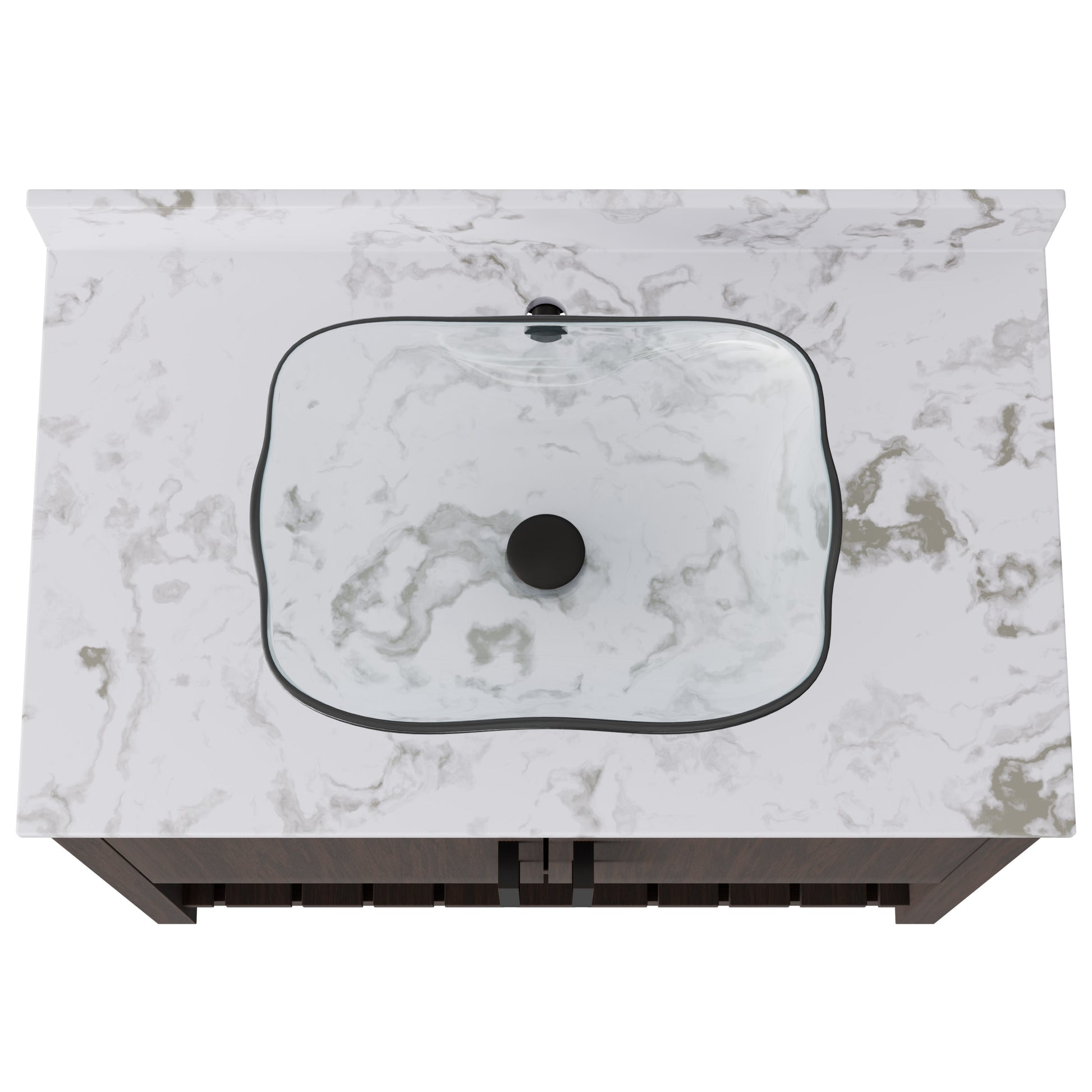36-inch Novatto bath vanity with cafe mocha quartz countertop and sink, featuring modern design and accessory details.