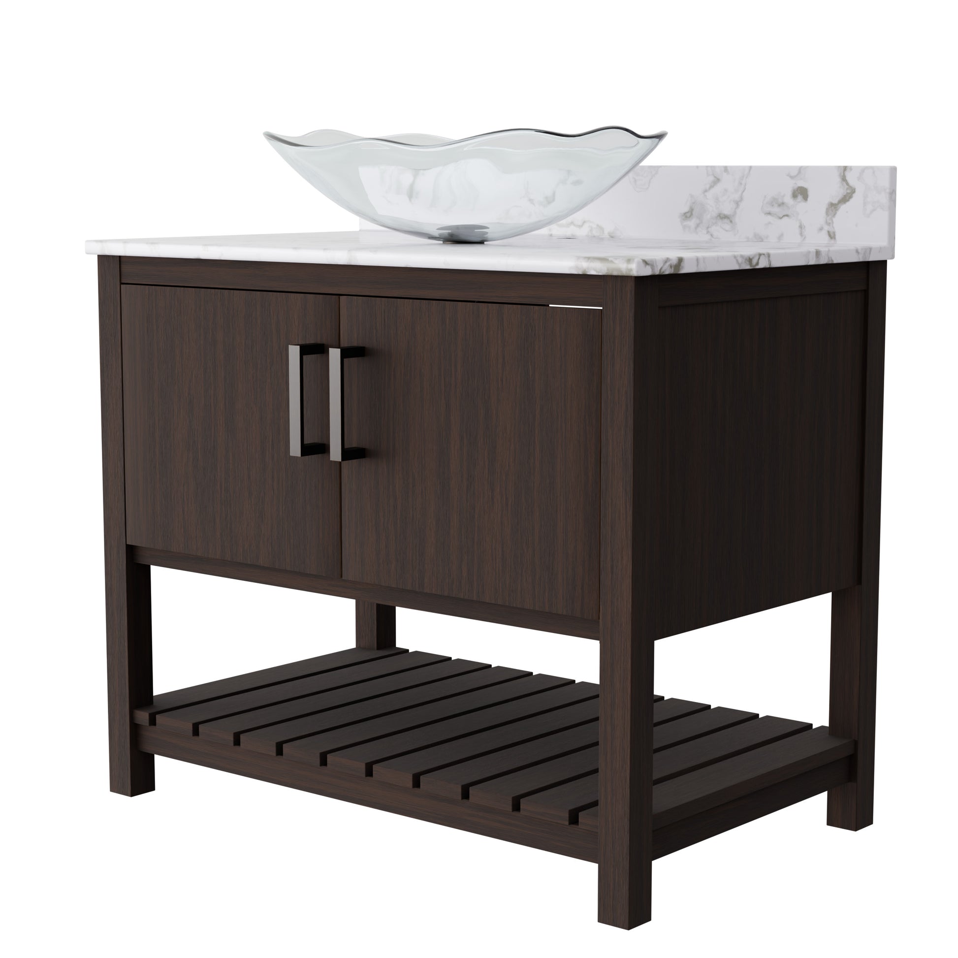 36-inch Novatto bath vanity with cafe mocha quartz countertop and sink, showcasing sleek bathroom accessory design.