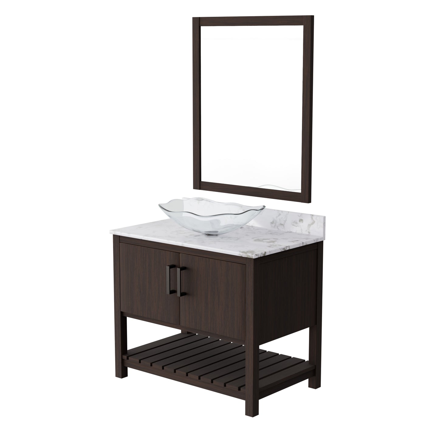 36-inch Novatto bath vanity with café mocha quartz countertop and integrated sink, shown in a sleek, modern bathroom setting