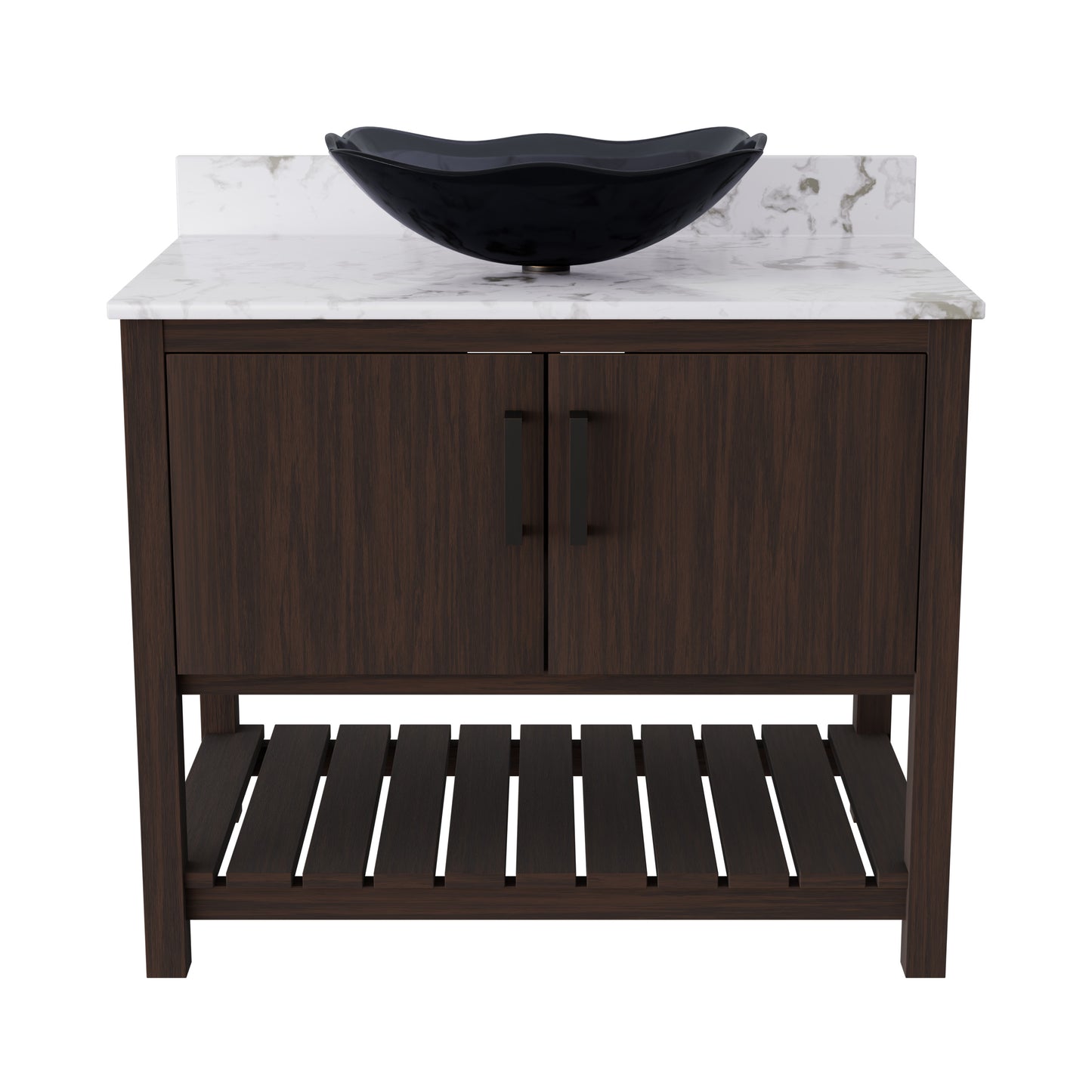 Novatto 36-inch bath vanity with cafe mocha quartz countertop and sink, showcasing sleek bathroom accessory design