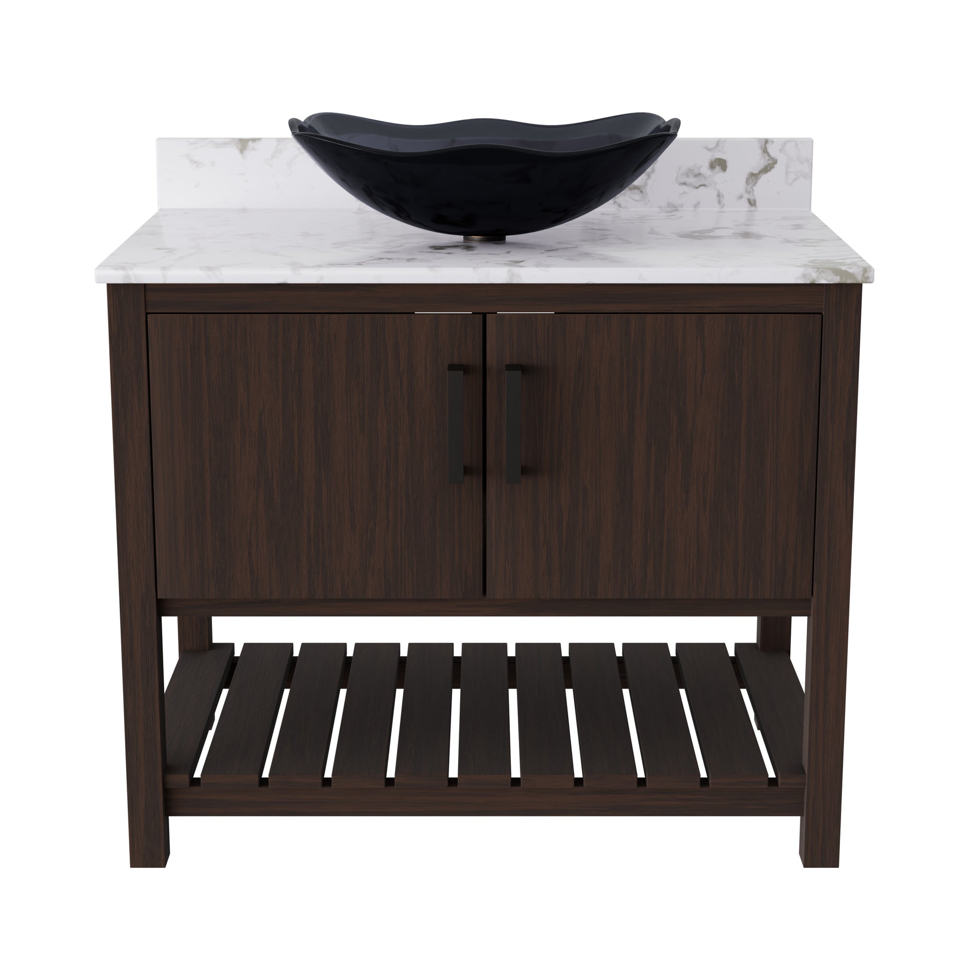 Novatto 36-inch bath vanity with cafe mocha quartz countertop and sink, showcasing sleek bathroom accessory design