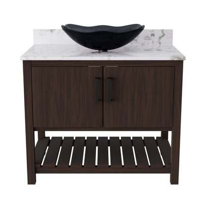 Novatto 36-inch bath vanity with cafe mocha quartz countertop and sink, showcasing sleek bathroom accessory design