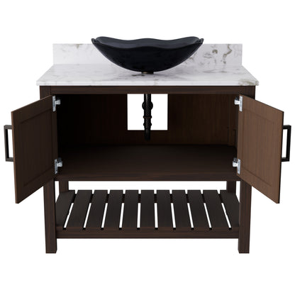 Novatto 36-inch bath vanity with cafe mocha quartz countertop and sink, showcasing the elegant bathroom accessory design.