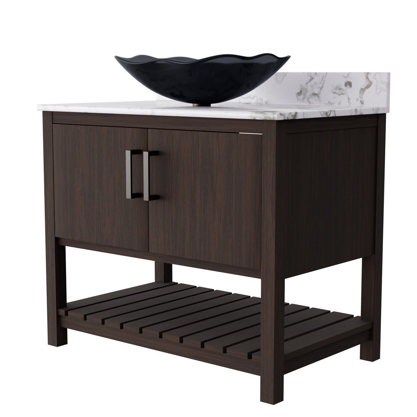 36-inch Novatto bath vanity with cafe mocha quartz countertop and sink, showcasing sleek design and modern bathroom accessory.