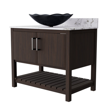 36-inch Novatto bath vanity with cafe mocha quartz countertop and sink, showcasing sleek design and modern bathroom accessory.