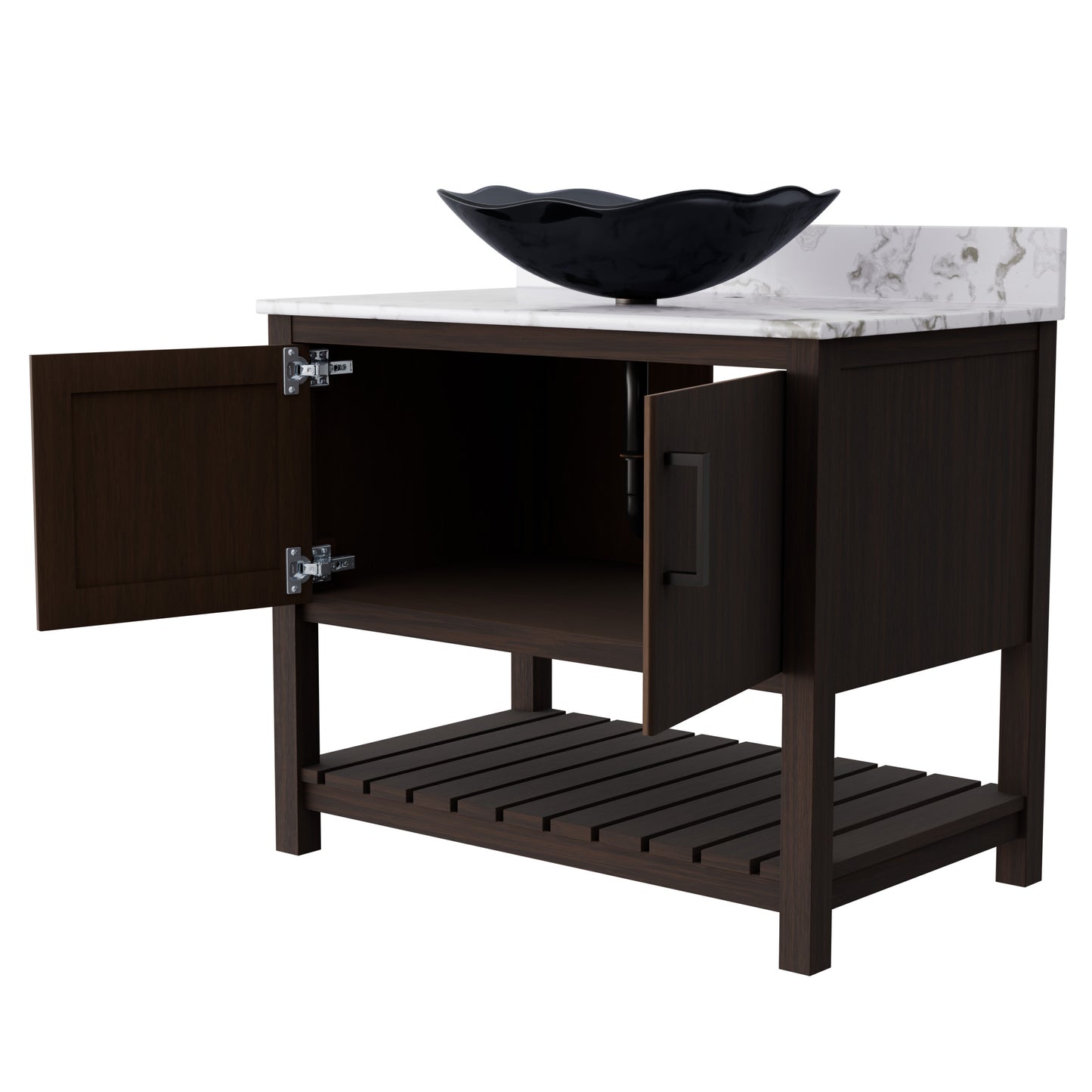 Novatto 36-inch bath vanity with cafe mocha quartz countertop and sink, featuring modern bathroom accessory design.