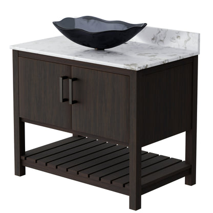36-inch Novatto bath vanity with cafe mocha quartz countertop and sink, showcasing elegant bathroom accessory design.