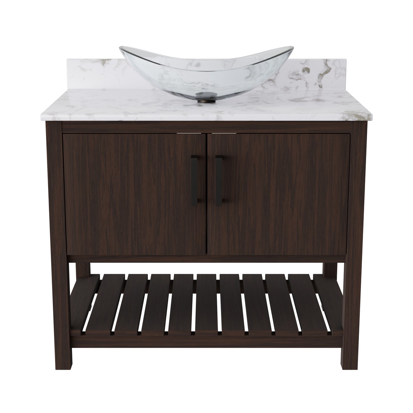36-inch Novatto bath vanity with cafe mocha quartz countertop and sink, featuring a sleek bathroom accessory design.