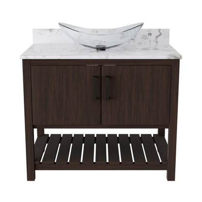 36-inch Novatto bath vanity with cafe mocha quartz countertop and sink, featuring a sleek bathroom accessory design.
