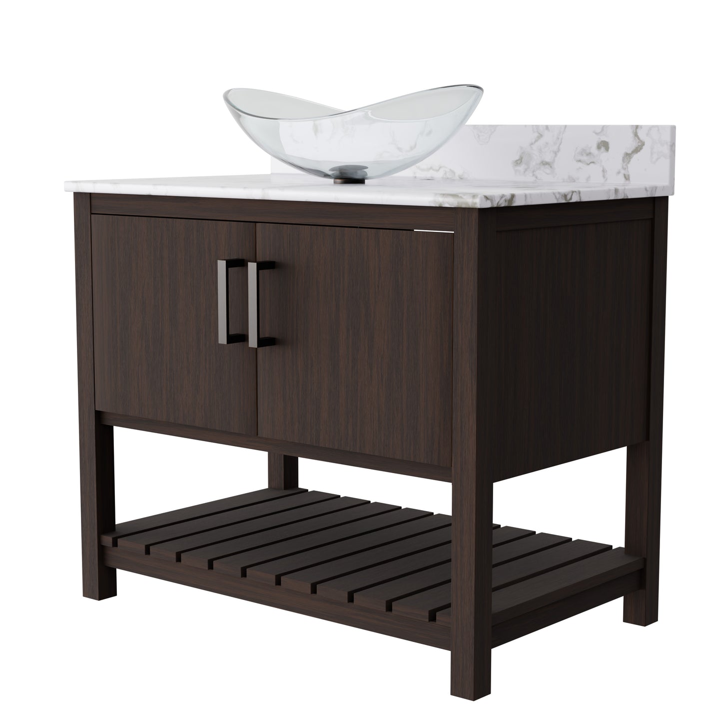 36-inch Novatto bath vanity with cafe mocha quartz countertop and integrated sink, showcasing a sleek bathroom accessory design.