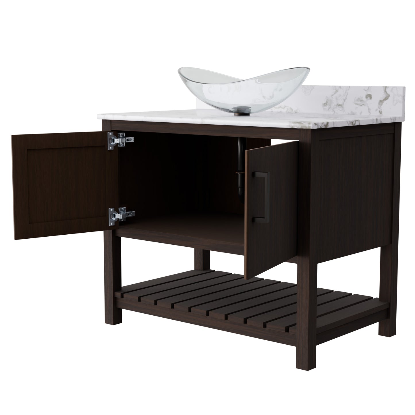 36-inch Novatto bath vanity with cafe mocha quartz countertop and sink, featuring sleek modern design and durable construction.