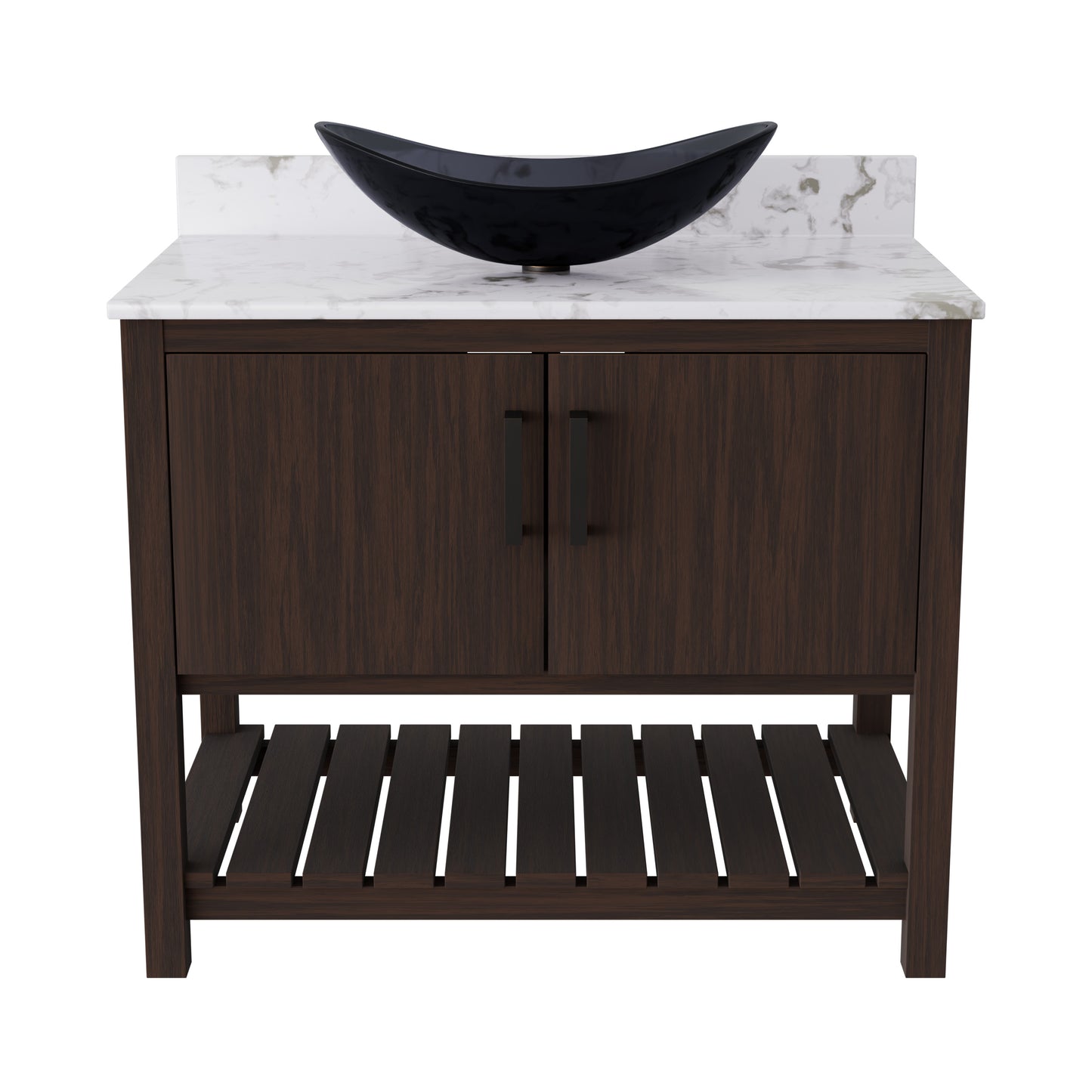 Novatto 36-inch bath vanity with cafe mocha quartz countertop and integrated sink, showcasing the elegant bathroom accessory.
