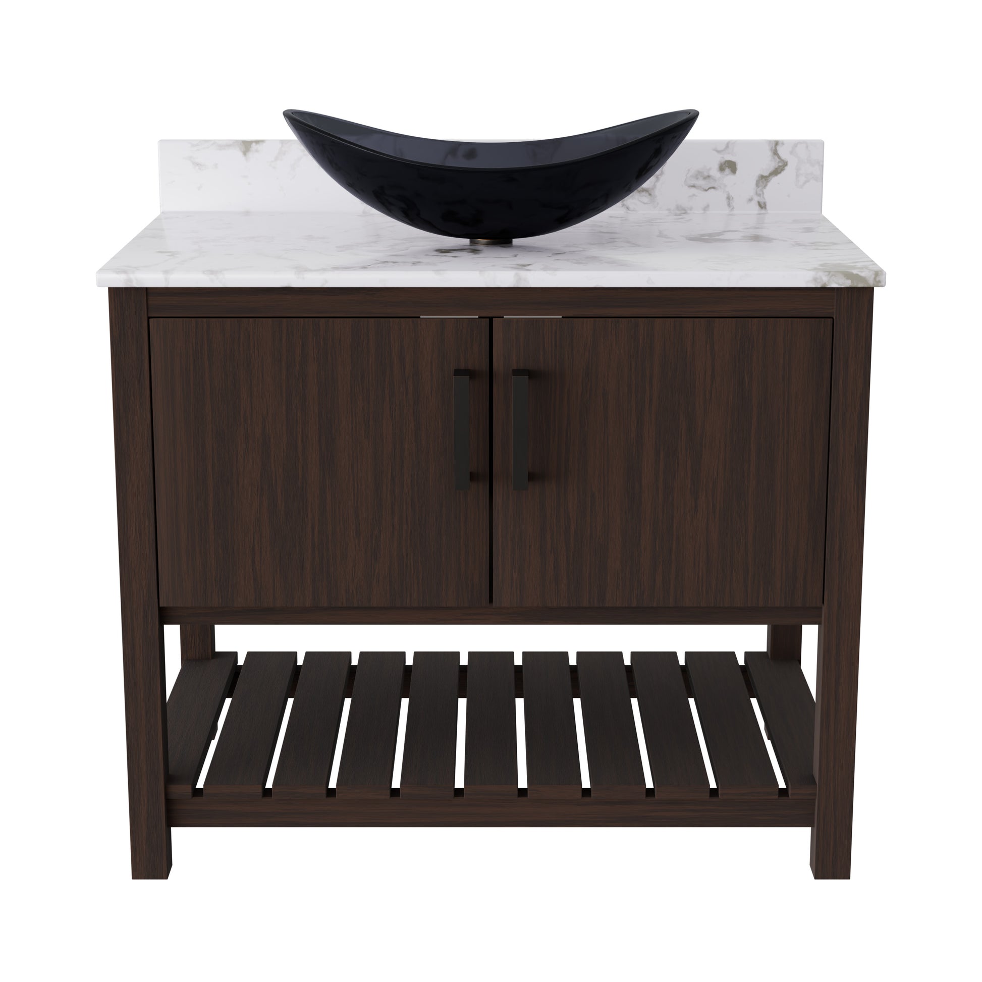 Novatto 36-inch bath vanity with cafe mocha quartz countertop and integrated sink, showcasing the elegant bathroom accessory.