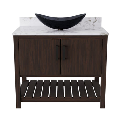 Novatto 36-inch bath vanity with cafe mocha quartz countertop and integrated sink, showcasing the elegant bathroom accessory.