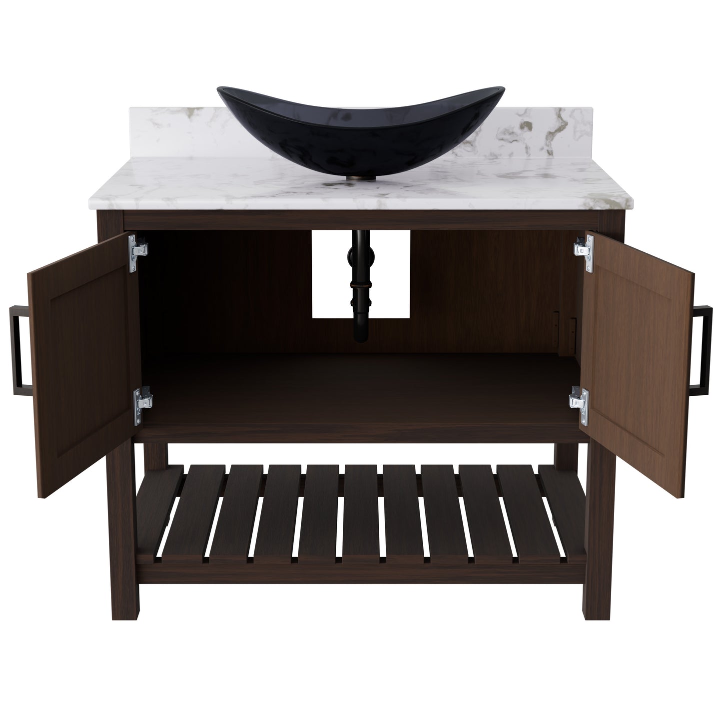 Novatto 36-inch bath vanity with cafe mocha quartz counter and sink, featuring modern bathroom accessory design.