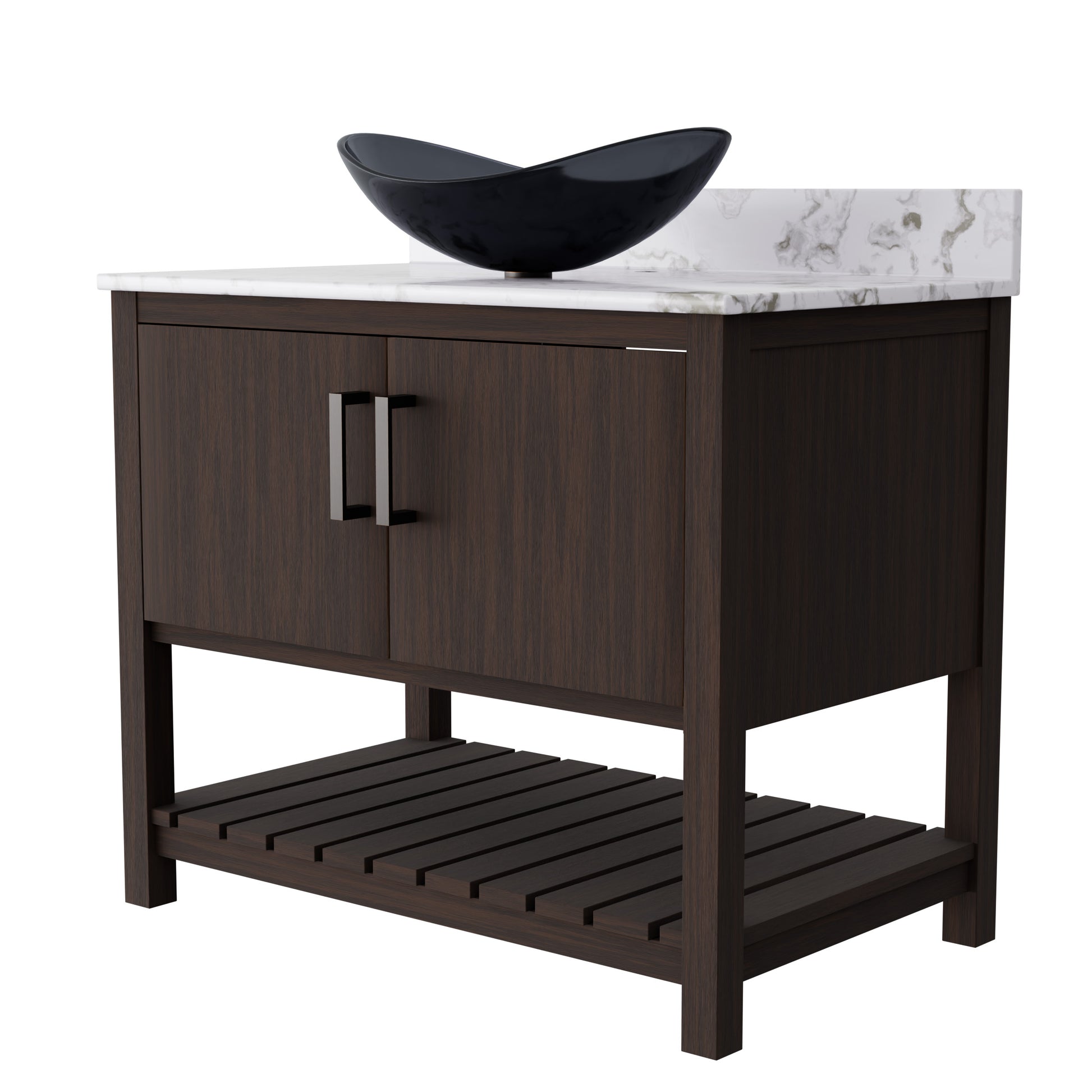 Novatto 36-inch bath vanity with cafe mocha quartz countertop and integrated sink, modern bathroom accessory.
