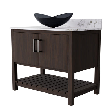 Novatto 36-inch bath vanity with cafe mocha quartz countertop and integrated sink, modern bathroom accessory.