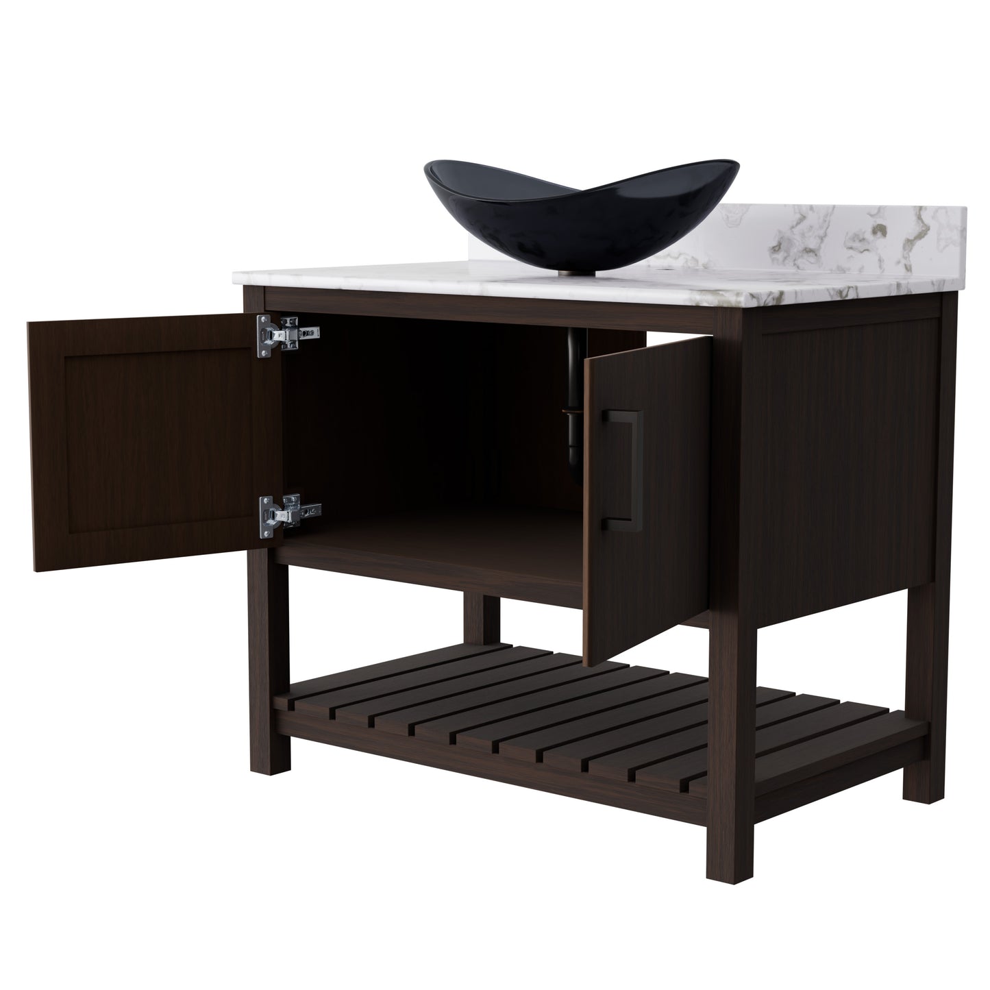 Novatto 36-inch bath vanity with cafe mocha quartz countertop and sink, featuring a sleek, modern bathroom accessory design.