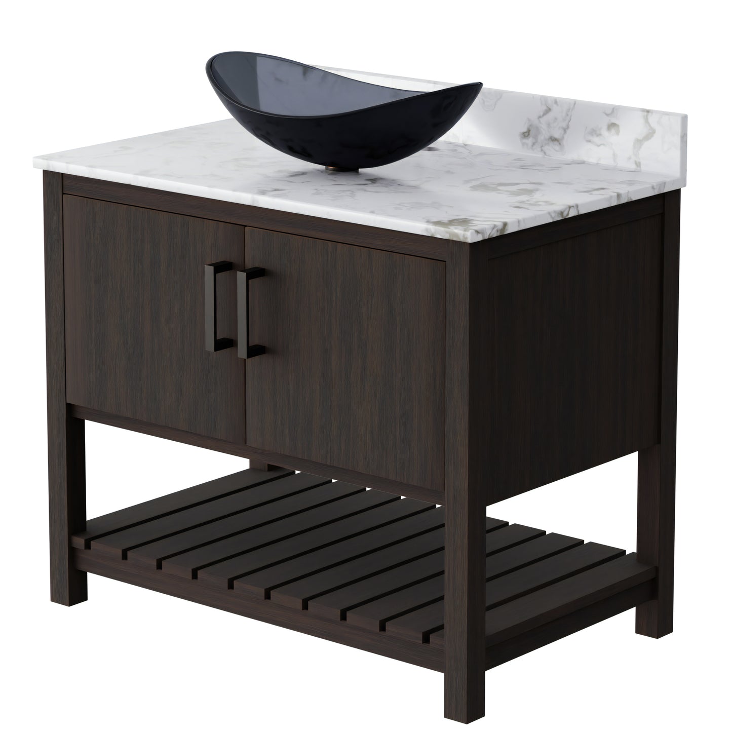 36-inch Novatto bath vanity with cafe mocha quartz countertop and sink, modern bathroom accessory with elegant design.