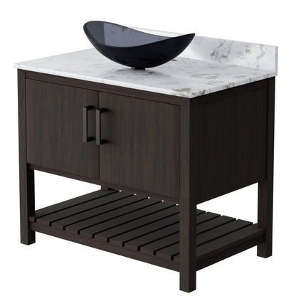 36-inch Novatto bath vanity with cafe mocha quartz countertop and sink, modern bathroom accessory with elegant design.