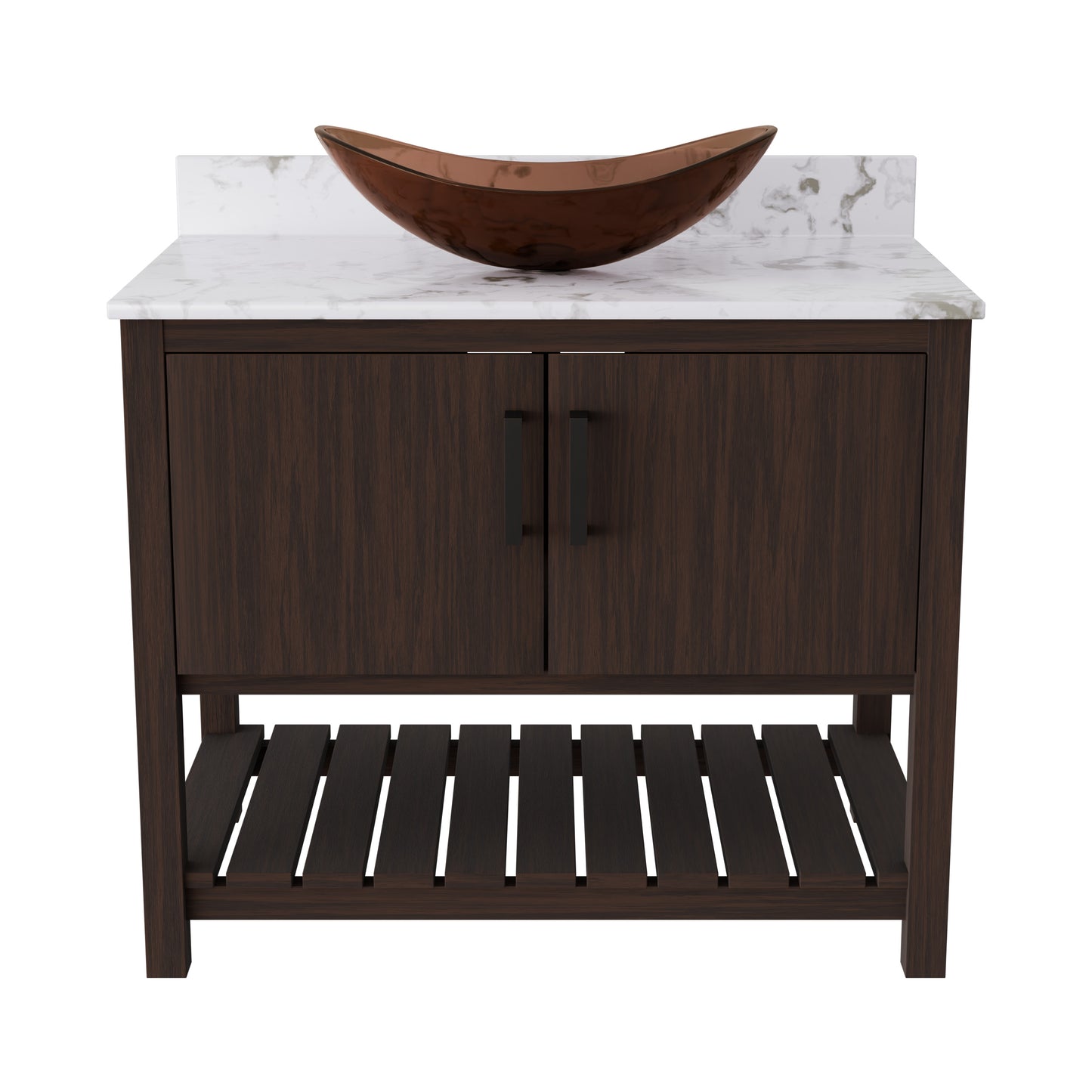 36-inch Novatto bath vanity with cafe mocha quartz countertop and integrated sink, shown in a natural bathroom setting.