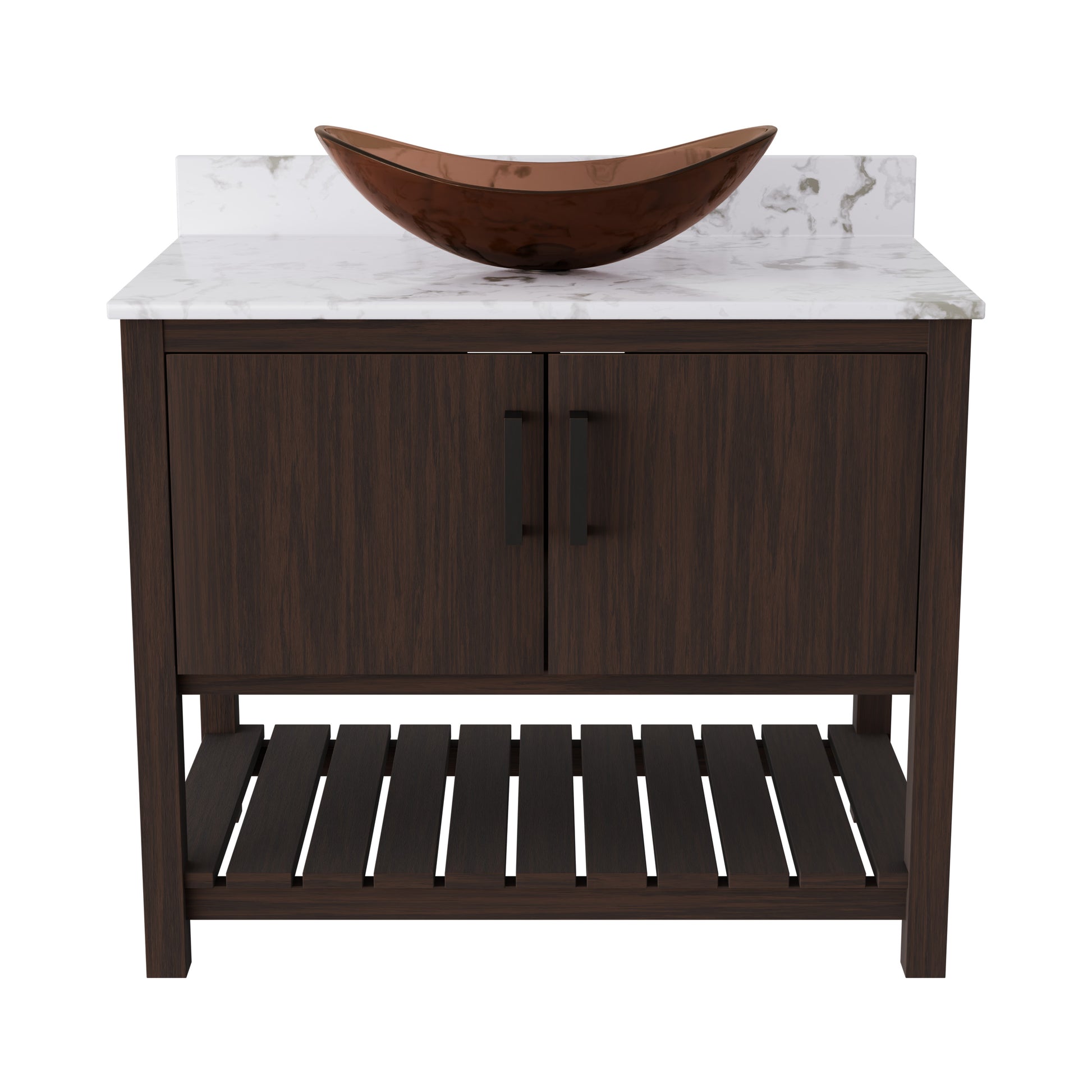 36-inch Novatto bath vanity with cafe mocha quartz countertop and integrated sink, shown in a natural bathroom setting.