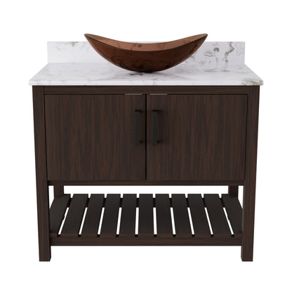 36-inch Novatto bath vanity with cafe mocha quartz countertop and integrated sink, shown in a natural bathroom setting.