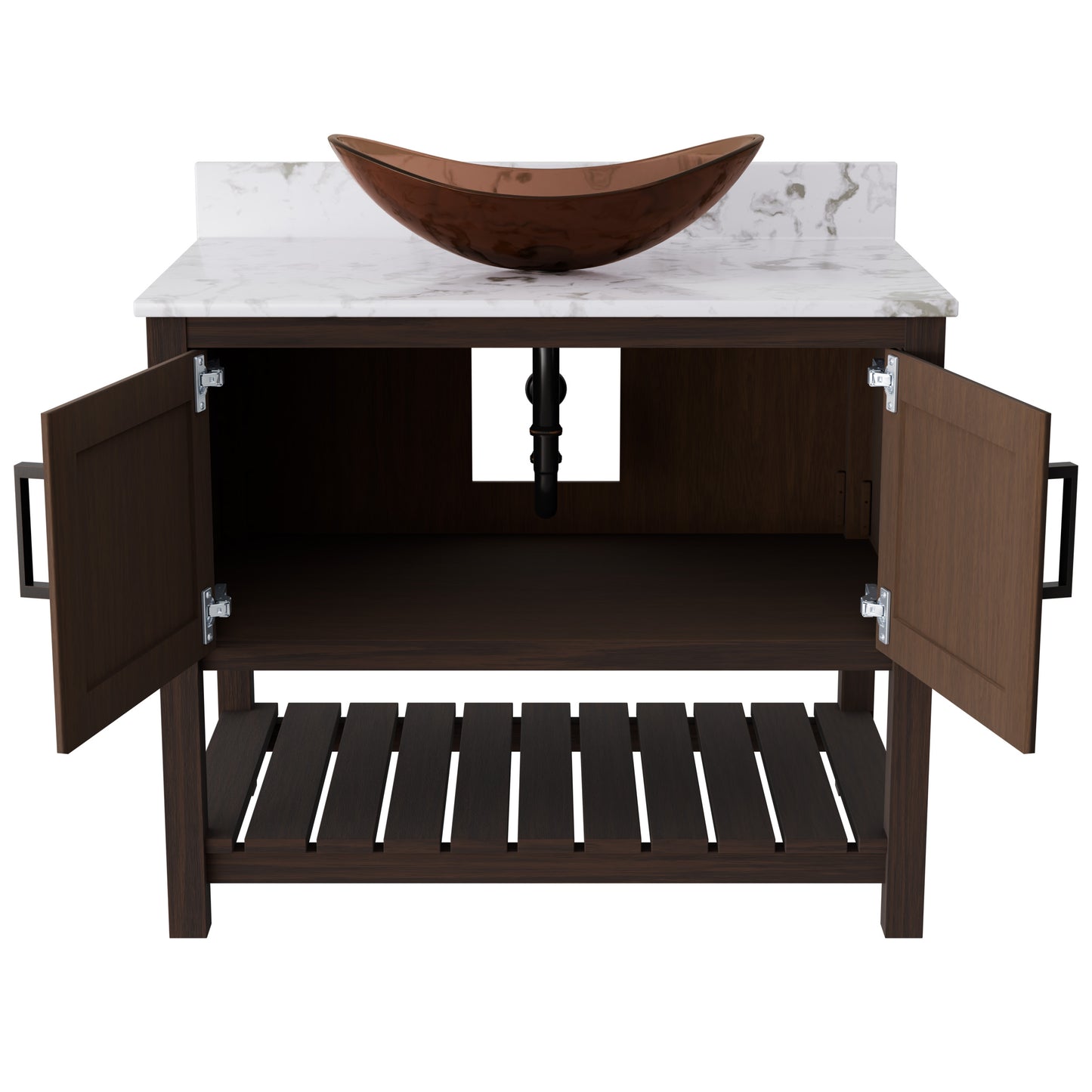 Novatto 36-inch bath vanity with cafe mocha quartz counter and sink, showcasing the elegant design and durable surface.