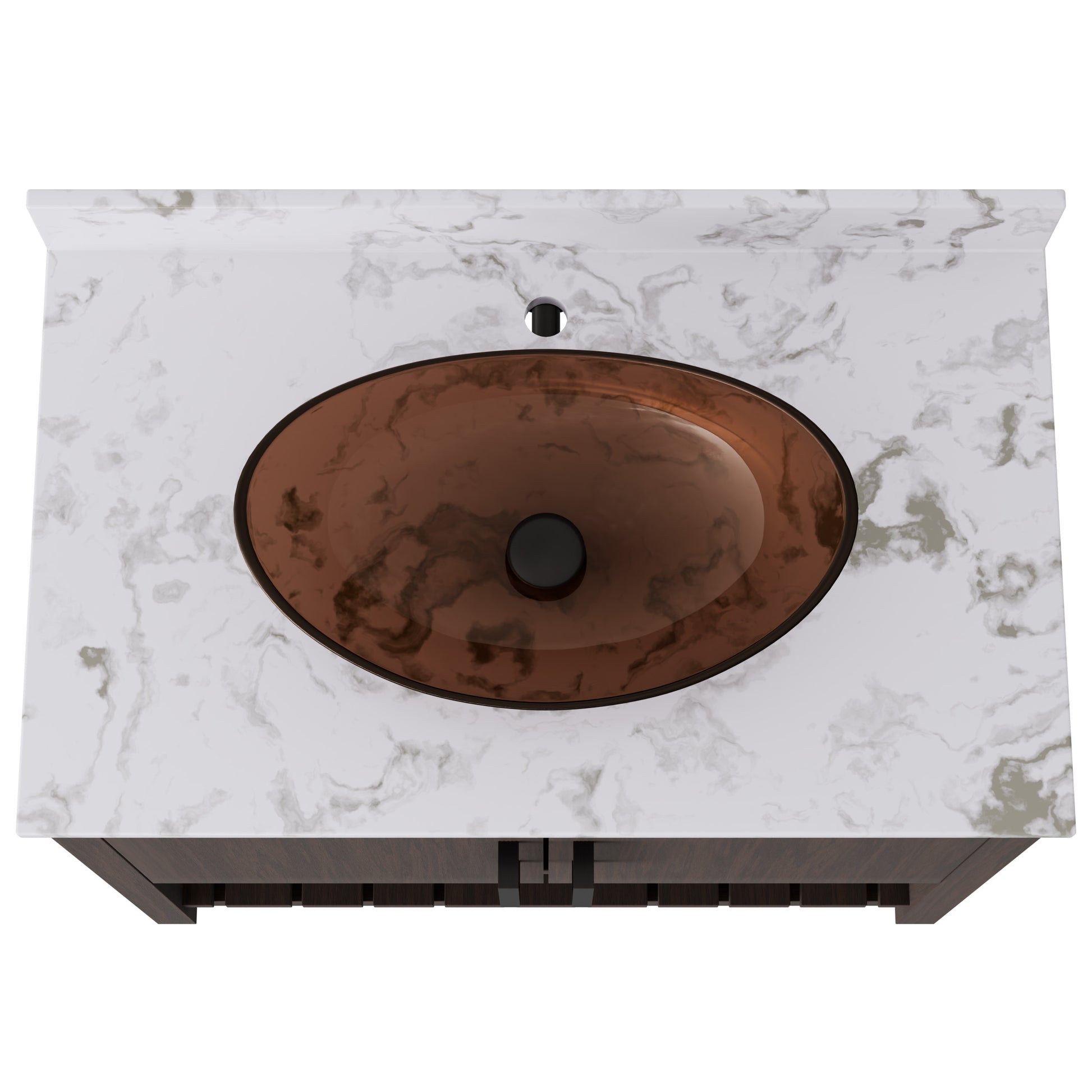 36-inch Novatto bath vanity with cafe mocha quartz countertop and built-in sink, shown with accessories and modern design.