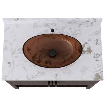 36-inch Novatto bath vanity with cafe mocha quartz countertop and built-in sink, shown with accessories and modern design.