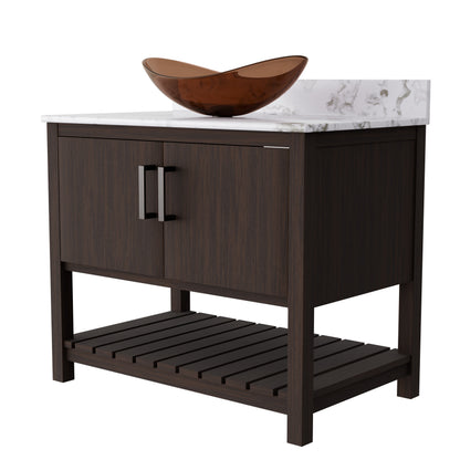 Novatto 36-inch bath vanity with Cafe Mocha quartz counter and sink, showcasing sleek design and durable bathroom accessory.
