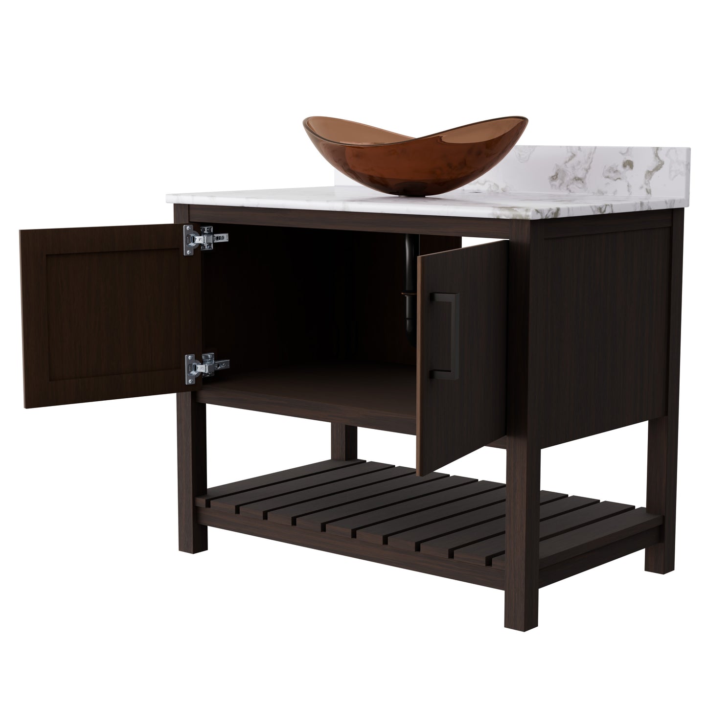 Novatto 36-inch bath vanity with cafe mocha quartz countertop and sink, showcasing a modern bathroom accessory design.