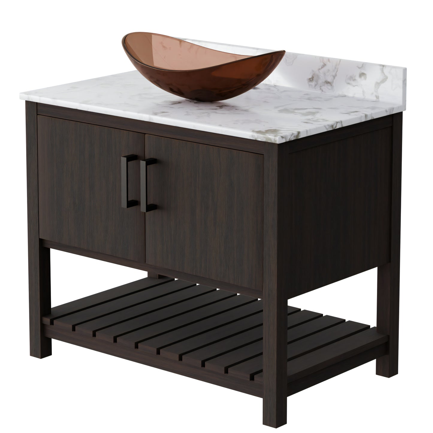 36-inch Novatto bath vanity with cafe mocha quartz countertop and sink, shown in a sleek bathroom setting