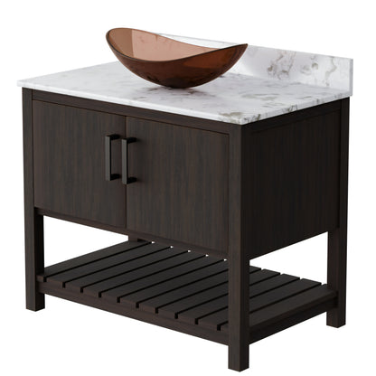 36-inch Novatto bath vanity with cafe mocha quartz countertop and sink, shown in a sleek bathroom setting