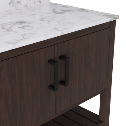 36-inch Novatto vanity with cafe mocha quartz countertop, showcasing sleek bathroom accessory design and warm earthy tones.