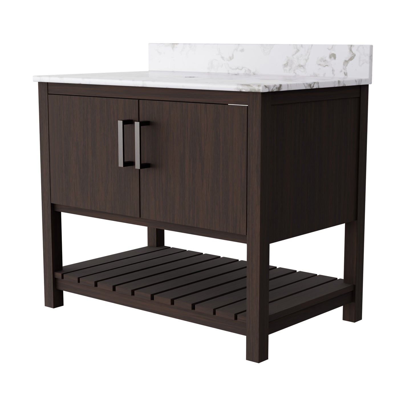 36-inch Novatto vanity with cafe mocha quartz countertop, featuring a sleek, modern bathroom accessory design.