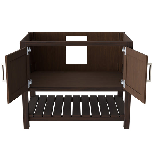 36-inch Novatto bath vanity in Cafe Mocha with matching accessories, featuring a sleek, modern design and wood finish.