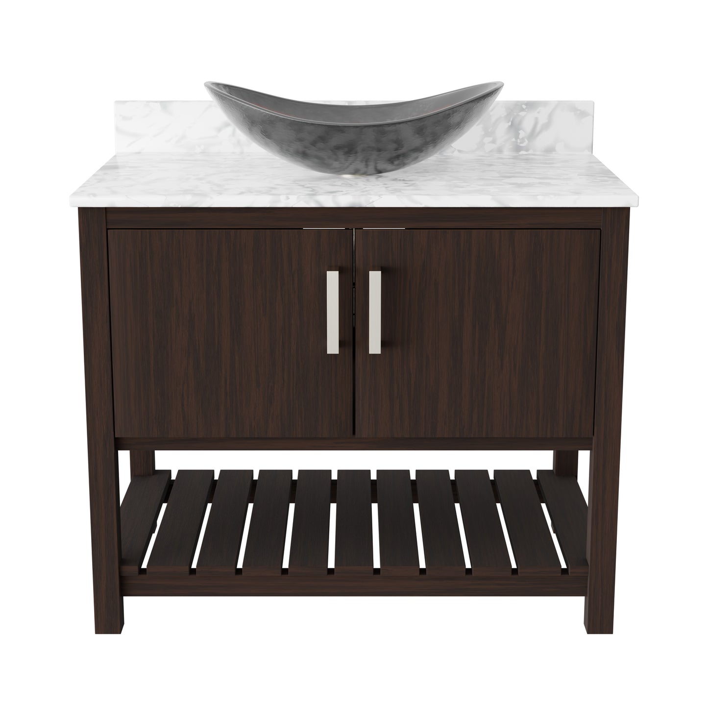 36-inch Novatto bath vanity with Carrara white marble counter and integrated sink, showcasing sleek bathroom accessory design.