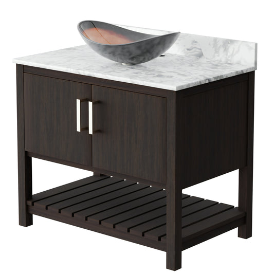 Novatto 36-inch bath vanity with Carrara white marble countertop and integrated sink, showcasing elegant bathroom accessory design.